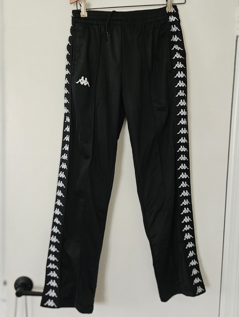 Kappa Womens Track Pants S Logo Side Stripe Pull on Black Straight Leg Active